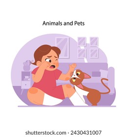 Pet safety caution. Child crying after upsetting interaction with small domestic cat. Animal vigorously biting girls hand. Need for careful pet supervision. Flat vector illustration