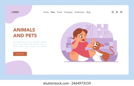 Pet safety caution. Child crying after upsetting interaction with small domestic cat. Animal vigorously biting girls hand. Need for careful pet supervision. Flat vector illustration