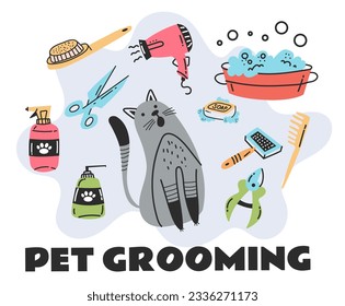 Pet salon grooming brush haircut animal barber abstract concept. Vector graphic design illustration