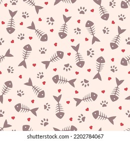 Pet seamless pattern with fish skeleton, cat paw print and hearts