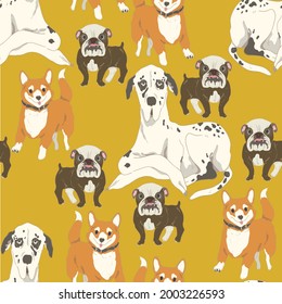 Pet seamless vector pattern for fabric, wallpaper, wrapping, scrapbook paper, invitation card. Repeat surface design. Ochre, yellow, golden colors.