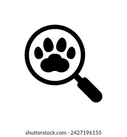 Pet search logo and icon. Paw print and magnifying glass. Search for missing pets.