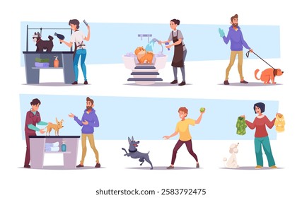 Pet service. Bathing grooming and haircuts for domestic dogs exact vector puppies in cartoon style