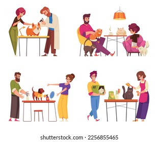 Pet service cartoon compositions set with dog and cat grooming and feeding scenes isolated vector illustration