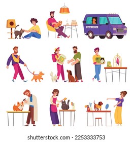 Pet service cartoon icons set with people taking care of cats and dogs isolated vector illustration