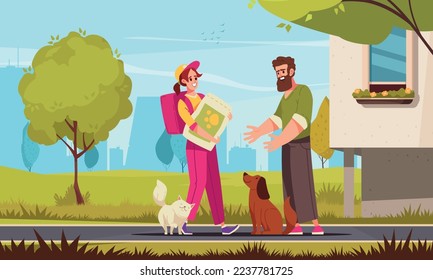 Pet service cartoon poster with courier delivering dog food vector illustration
