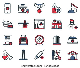 Pet service color linear icons set. Training and playing attributes. Grooming and medical service. Special dwelling and nutrition. Pet care, responsibility concept. Isolated vector illustrations