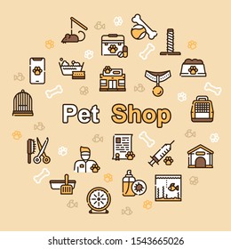 Pet service color linear icons set. Training and playing attributes. Grooming and medical service. Special dwelling and nutrition. Pet care, responsibility concept. Isolated vector illustrations