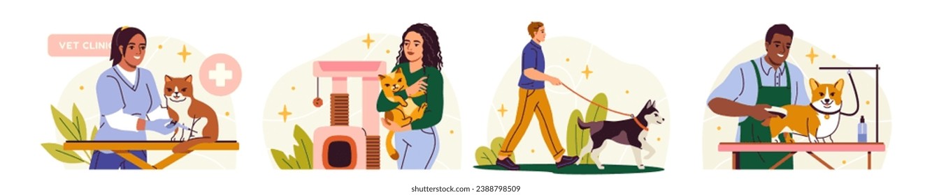 Pet service illustration set. Happy men and women take care of health of their dogs and cats, feed, walk and check them at veterinarian. Cartoon flat vector collection isolated on white background