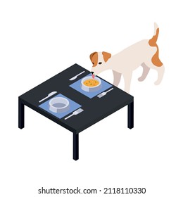 Pet service isometric icon with dog eating from bowl on table 3d vector illustration