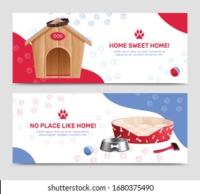 Pet service realistic banners with kennel and accessories for grooming feeding and washing dog vector illustration 