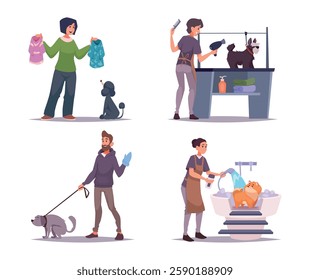 Pet service. Special haircute workers for domestic animals dogs bathing and grooming exact vector hygiene processes for pets