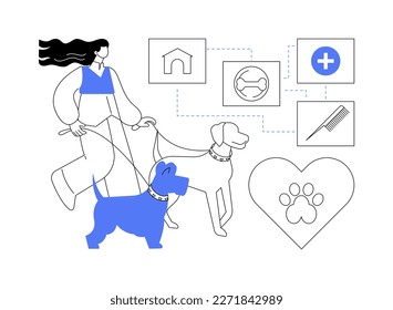 Ilustración vectorial de concepto abstracto de servicios de mascotas. Servicios de niñera y de internado, servicios de cuidado de animales, paseos en perros, salón de belleza, cuidado y atención diurna, metáfora abstracta de transporte.