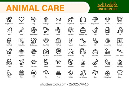 Pet Services and Animal Care Icon Set – Minimal Line Vector Illustrations for Pet Sitting, Grooming, Veterinary, Training, and Animal Health Projects