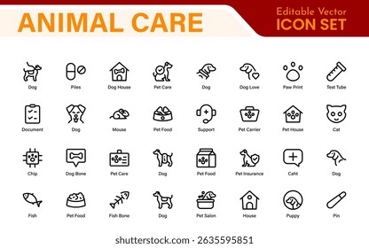 Pet Services and Animal Care Icon Set – Minimal Line Vector Illustrations for Pet Sitting, Grooming, Veterinary, Training, and Animal Health Projects