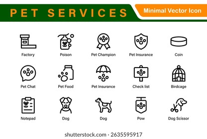 Pet Services and Animal Care Icon Set – Minimal Line Vector Illustrations for Pet Sitting, Grooming, Veterinary, Training, and Animal Health Projects