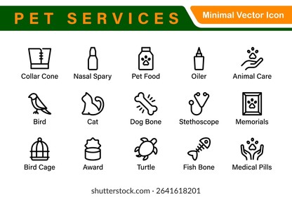Pet Services and Animal Care Icon Set – Minimal Line Vector Illustrations for Pet Sitting, Grooming, Veterinary, Training, and Animal Health Projects