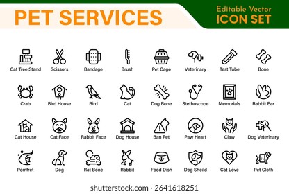 Pet Services and Animal Care Icon Set – Minimal Line Vector Illustrations for Pet Sitting, Grooming, Veterinary, Training, and Animal Health Projects