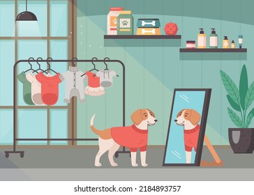 Antecedentes de dibujos animados de servicios de mascotas con perros domésticos mirando en espejo en tienda para la ilustración de vectores de animales