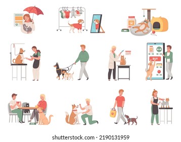 Pet Services Cartoon Set Of People Care Of Health Of Their Pets Training Walking And Feeding Isolated Vector Illustration