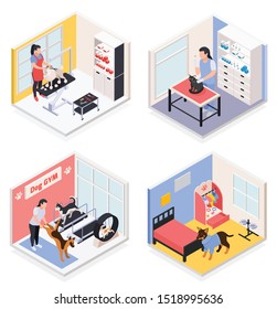 Pet services concept 4 isometric compositions with dog gym grooming salon vet day care center vector illustration 