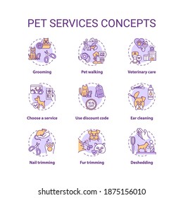 Pet services concept icons set. Grooming salon services app. Grooming services types. Animale care idea thin line RGB color illustrations. Vector isolated outline drawings. Editable stroke