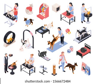 Pet Services Dogs Grooming Boarding Walking Fitness Feeding Vet Examination Vaccination Isometric Icons Set Isolated Vector Illustration 