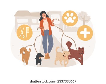 Pet services isolated concept vector illustration. Pet sitting and boarding services, animal care services, dog walking, grooming salon, daycare and attention, transportation vector concept.