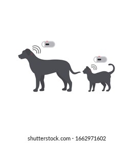 Servicios de mascotas - microcriba. Perros de icono y gatos con píldora de microchip dentro del cuerpo e información sobre el propietario etiquetada con un implante de microchip.