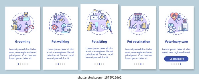 Pet services onboarding mobile app page screen with concepts. Little friend service. Animal care ideas walkthrough 5 steps graphic instructions. UI vector template with RGB color illustrations