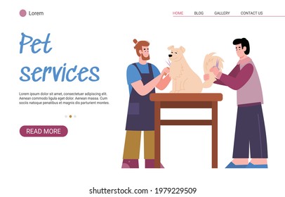 Pet Services website mockup with masters of grooming making haircut for dog, flat cartoon vector illustration. Web banner for pets care grooming salon.