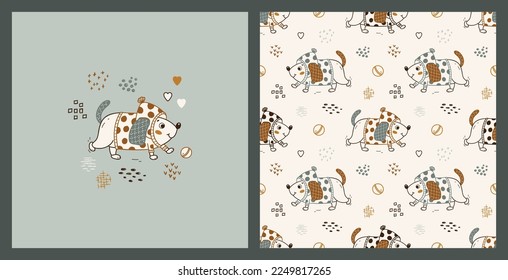 Pet Set. Cute Dog Playing with Ball. Seamless Pattern and Poster with Little Puppy. Vector Childish Background. Baby Funny Animal. Great Kids Fashion T-shirt Print Design, Nursery Wallpaper etc.