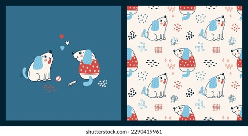 Pet Set. Cute Dogs. Seamless Pattern and Poster with Little Puppies. Vector Childish Background. Baby Funny Animals. Great Kids Fashion T-shirt Print Design, Nursery Wallpaper.