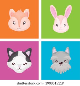 Tierset-Symbole, Katzen-Hund Kaninchen, Hamsterfarbenhintergrund, Vektorgrafik