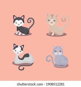 pet set icons, different cat feline sitting animals vector illustration