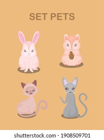 iconos de juego de mascotas, hámster de conejo y ilustración vectorial de gatos