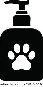 Pet shampoo bottle icon, vector illustration of a pump bottle with a paw print symbol, isolated on white background.