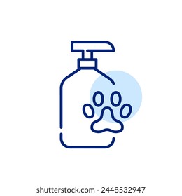 Pet shampoo in bottle with paw. Cat and dog grooming and care. Pixel perfect, editable stroke icon