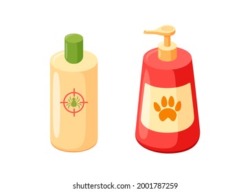 Pet shampoo and cosmetics bottles. Shampoo for grooming of cats and dogs. Vector illustration in cute cartoon style