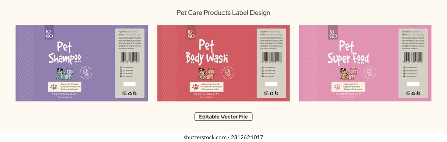 Pet shampoo label design, Pet body wash label design, Pet food label packaging design, dog shampoo, cat shampoo, Editable vector file illustration