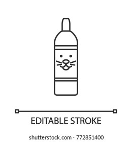 Pet shampoo linear icon. Thin line illustration. Soap bottle with animal face. Pets hygienic products. Contour symbol. Vector isolated outline drawing. Editable stroke