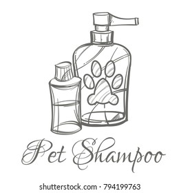 Pet shampoo. Outline vector illustration isolated on white background for advertising banners, flyers, posters and other items.