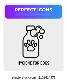 Pet shampoo thin line icon: bottle with paw. Modern vector illustration for pet shop.