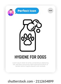 Icono de línea delgada de champú de mascota: botella con garra. Ilustración vectorial moderna para tienda de mascotas.