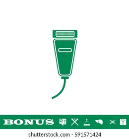 Pet shaving machine icon flat. Green pictogram on white background. Vector illustration symbol and bonus button
