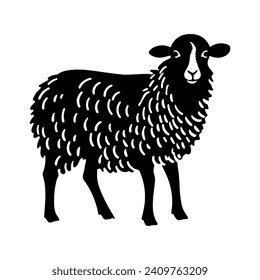 Pet sheep in linocut textured style. Isolated on white background vector illustration