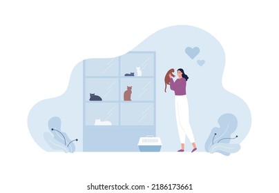 Pet shelter care concept. Vector flat people illustration. Woman volunteer hug and adopt cat from shelter. Animal carrier, heart love and friendship symbol.