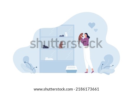 Pet shelter care concept. Vector flat people illustration. Woman volunteer hug and adopt cat from shelter. Animal carrier, heart love and friendship symbol.