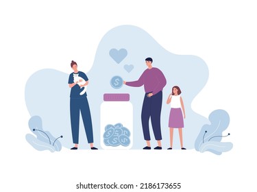 Pet shelter care and donation concept. Vector flat people illustration. Woman volunteer hug cat from shelter. Man with girl drop money coin. Animal carrier, heart love and frienship symbol.