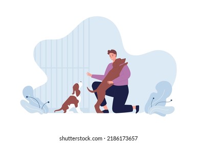 Pet shelter care and volunteering concept. Vector flat people illustration. Man volunteer hug dog in shelter. Animal cage, puppy and friendship symbol.